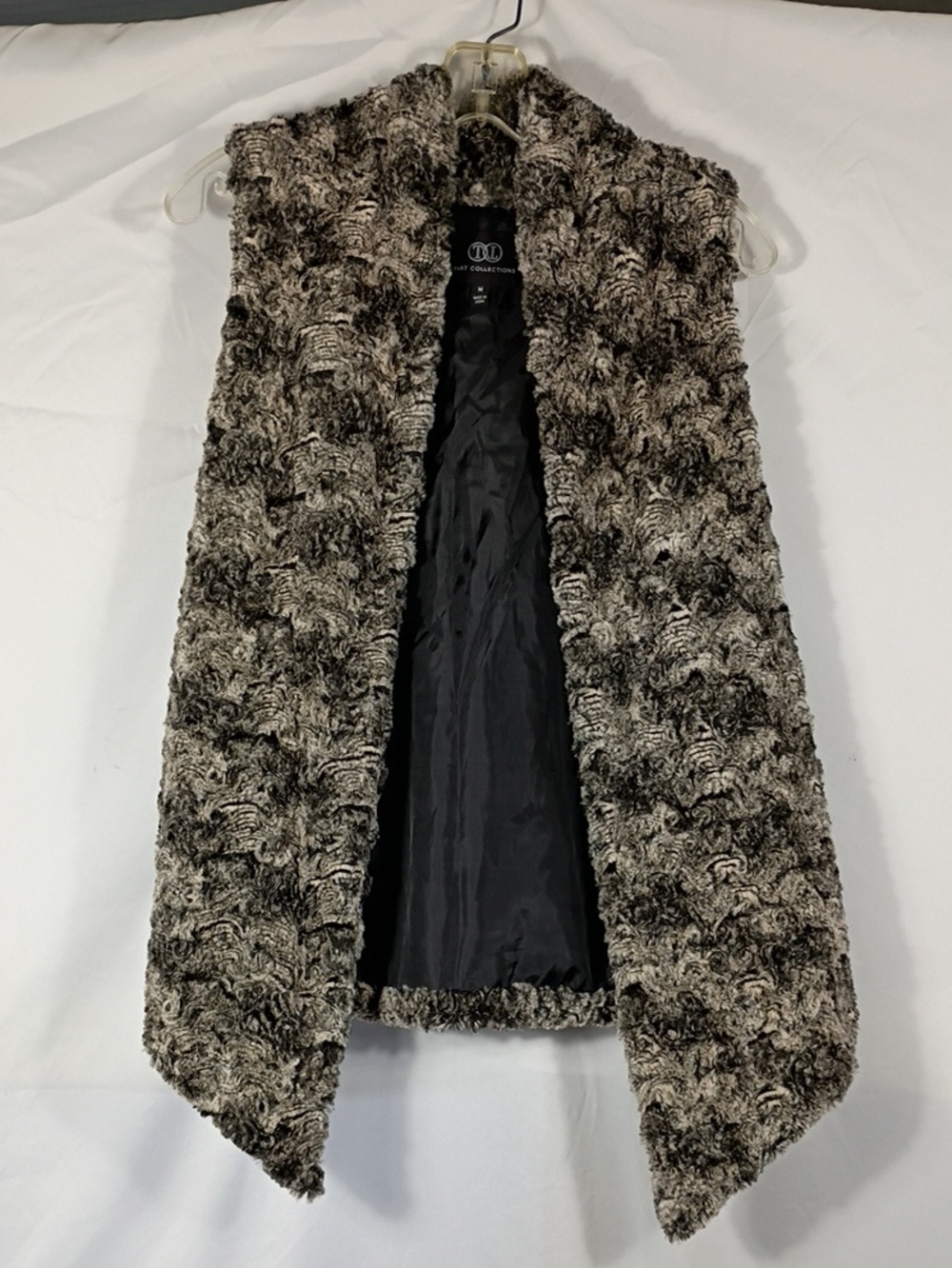 EUC TART Collections Womens Beige Black Faux Fur Vest Sz Medium Lined Open Front